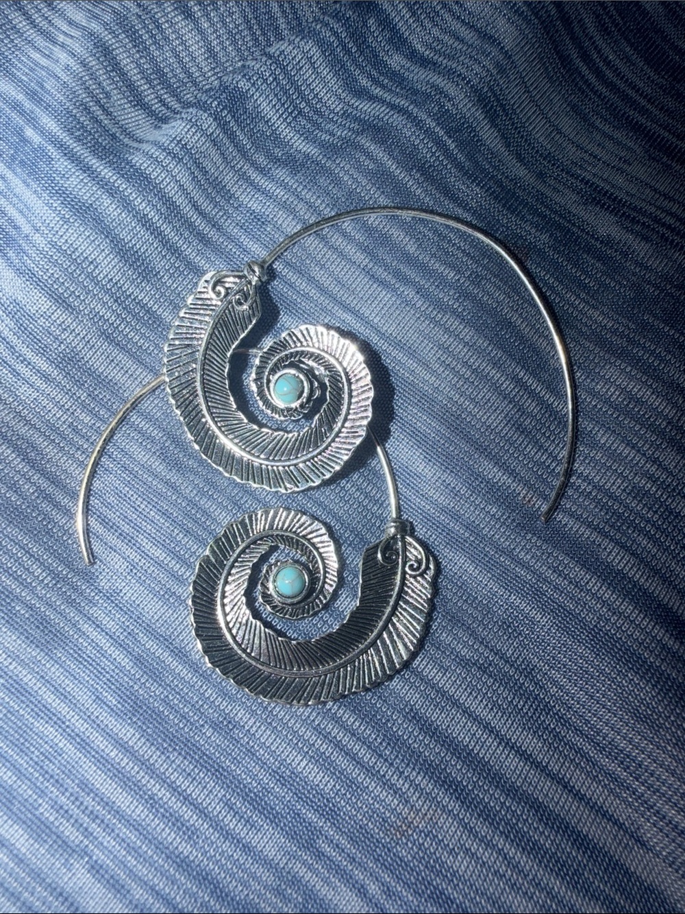 Silver Spiral Feather Hoop Earrings with Turquoise Accent Bead